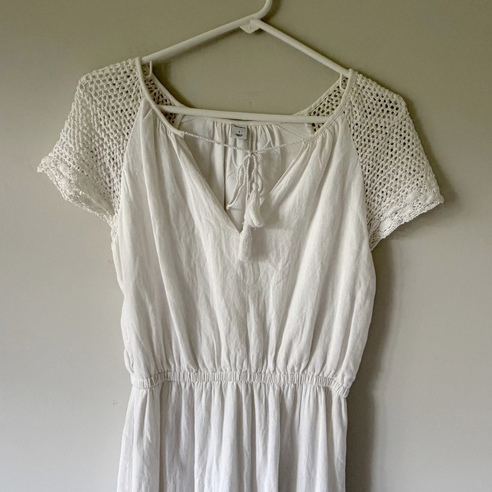 Old Navy White Linen Blend Crochet Sleeve Midi Dress Tassel Tie Boho Peasant S - Picture 2 of 13